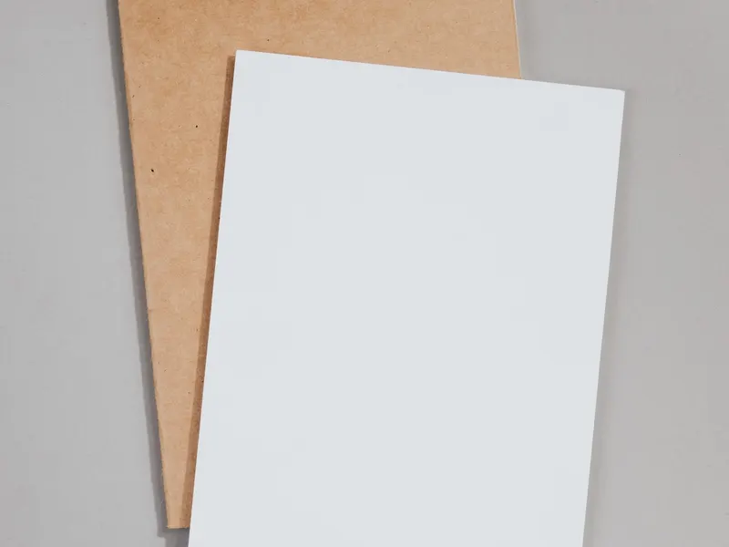 White paper board sheet beside kraft board